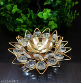 Round brass crystal Akhand Lotus/Kamal Diya with diamond crystals, decorative oil lamp for puja, 10cm x 5cm, ideal for home decor